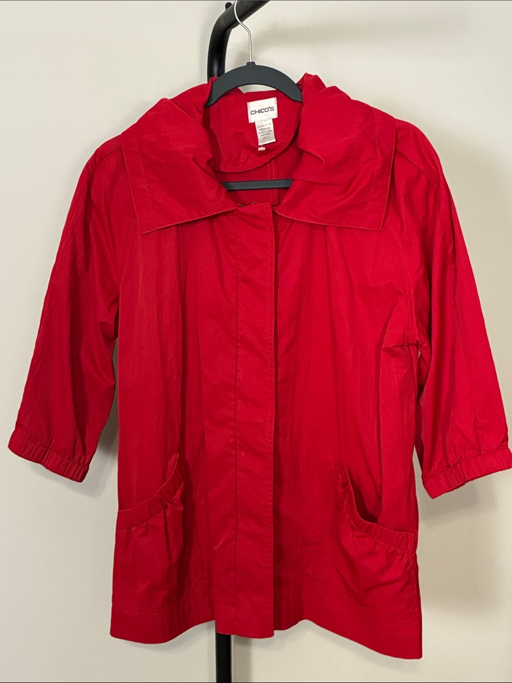 Chico's Bright Red Three-Quarter Sleeve Trench Jacket Wide Collar Sz 1 / Medium